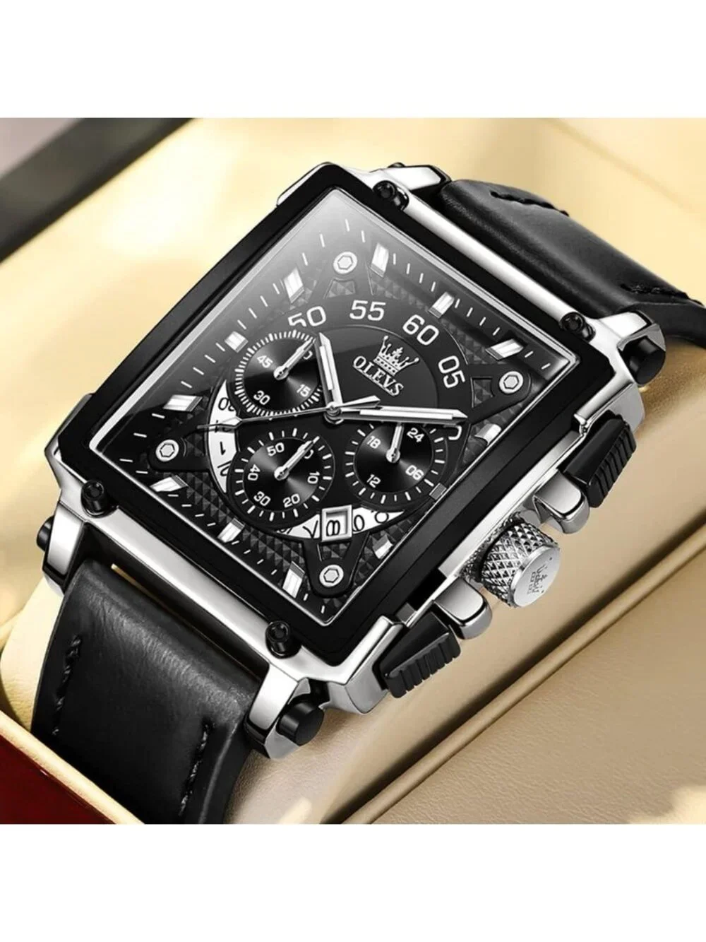 Men's Silver Black Quartz Leather Strap Waterproof Trendy Square Dial Wristwatch